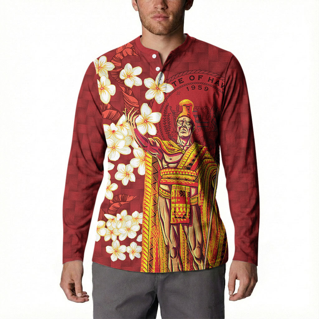 Hawaii King Kamehameha Button Sweatshirt Plumeria Lauhala Pattern