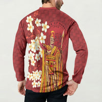 Hawaii King Kamehameha Button Sweatshirt Plumeria Lauhala Pattern