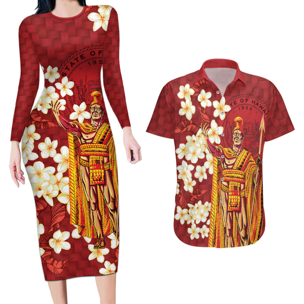 Hawaii King Kamehameha Couples Matching Long Sleeve Bodycon Dress and Hawaiian Shirt Plumeria Lauhala Pattern