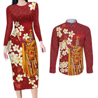 Hawaii King Kamehameha Couples Matching Long Sleeve Bodycon Dress and Long Sleeve Button Shirt Plumeria Lauhala Pattern LT01 Red - Polynesian Pride