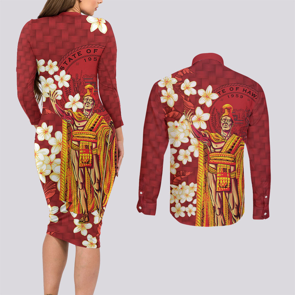 Hawaii King Kamehameha Couples Matching Long Sleeve Bodycon Dress and Long Sleeve Button Shirt Plumeria Lauhala Pattern LT01 - Polynesian Pride