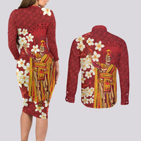Hawaii King Kamehameha Couples Matching Long Sleeve Bodycon Dress and Long Sleeve Button Shirt Plumeria Lauhala Pattern LT01 - Polynesian Pride