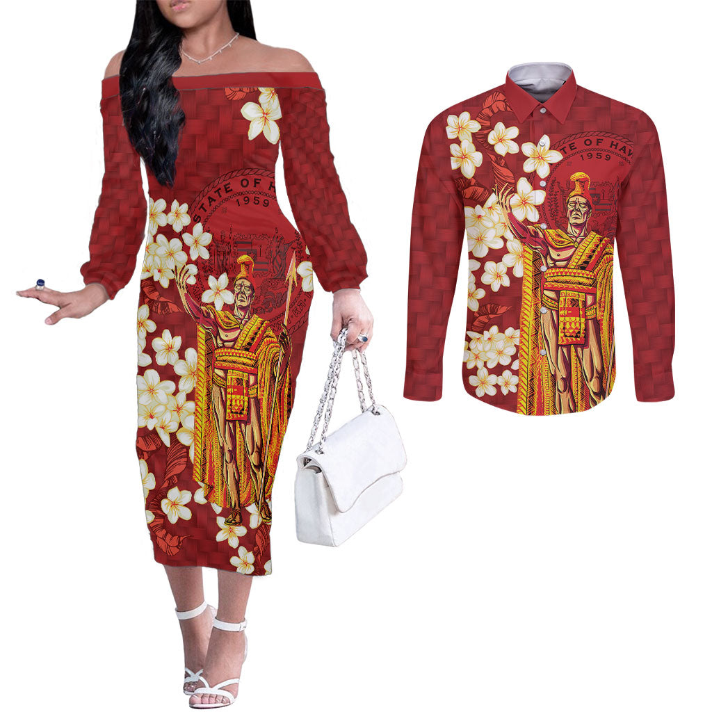 Hawaii King Kamehameha Couples Matching Off The Shoulder Long Sleeve Dress and Long Sleeve Button Shirt Plumeria Lauhala Pattern LT01 Red - Polynesian Pride