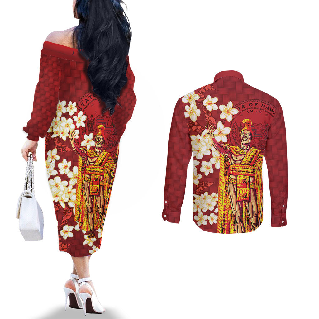 Hawaii King Kamehameha Couples Matching Off The Shoulder Long Sleeve Dress and Long Sleeve Button Shirt Plumeria Lauhala Pattern LT01 - Polynesian Pride