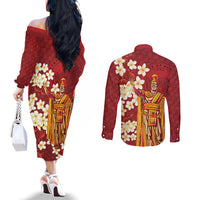 Hawaii King Kamehameha Couples Matching Off The Shoulder Long Sleeve Dress and Long Sleeve Button Shirt Plumeria Lauhala Pattern LT01 - Polynesian Pride
