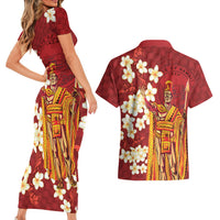 Hawaii King Kamehameha Couples Matching Short Sleeve Bodycon Dress and Hawaiian Shirt Plumeria Lauhala Pattern