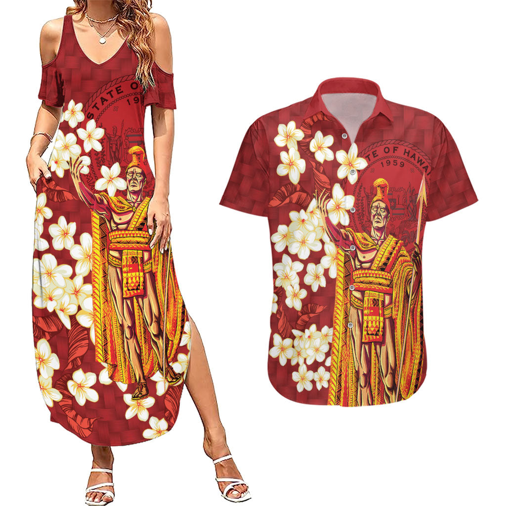 Hawaii King Kamehameha Couples Matching Summer Maxi Dress and Hawaiian Shirt Plumeria Lauhala Pattern