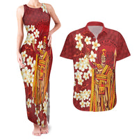 Hawaii King Kamehameha Couples Matching Tank Maxi Dress and Hawaiian Shirt Plumeria Lauhala Pattern