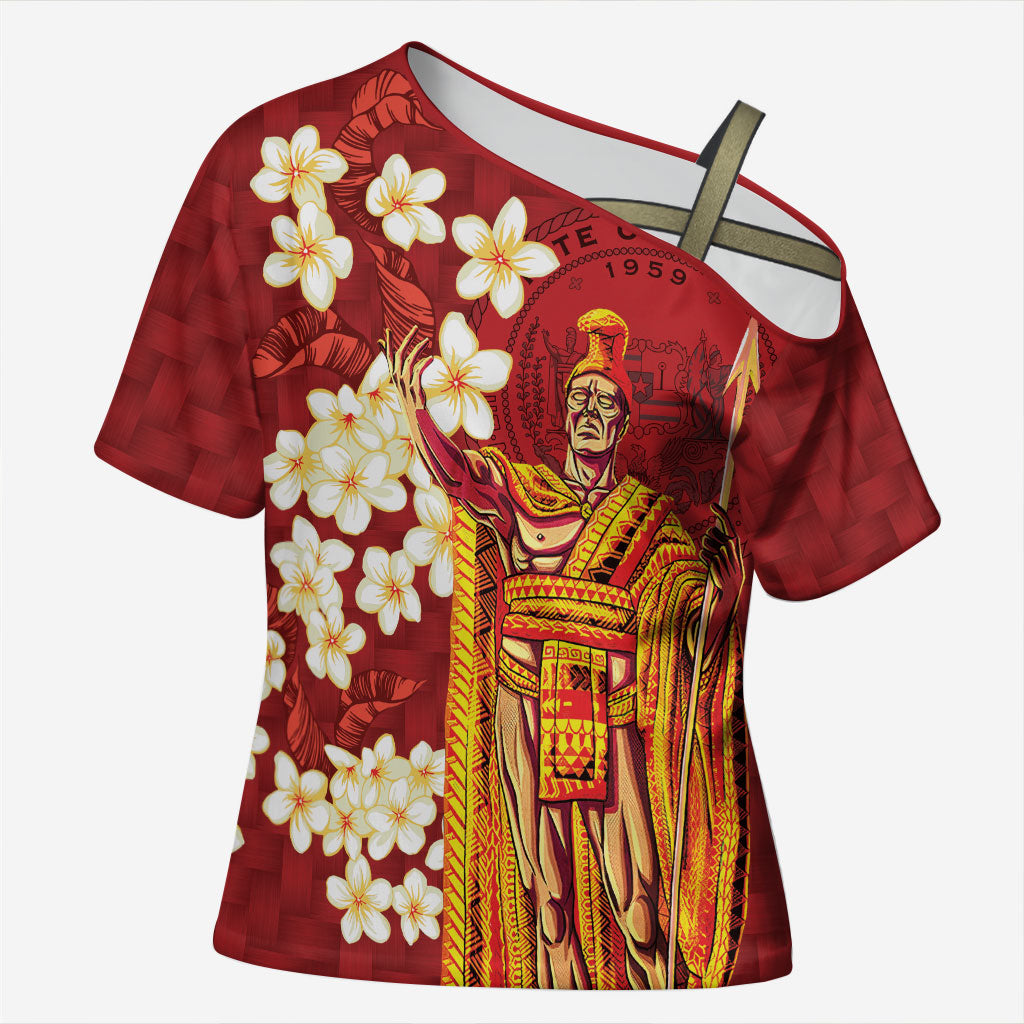 Hawaii King Kamehameha Cross Shoulder Shirt Plumeria Lauhala Pattern LT01 Female Red - Polynesian Pride