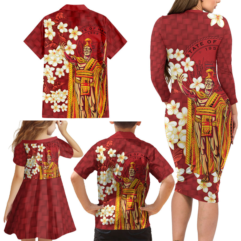 Hawaii King Kamehameha Family Matching Long Sleeve Bodycon Dress and Hawaiian Shirt Plumeria Lauhala Pattern