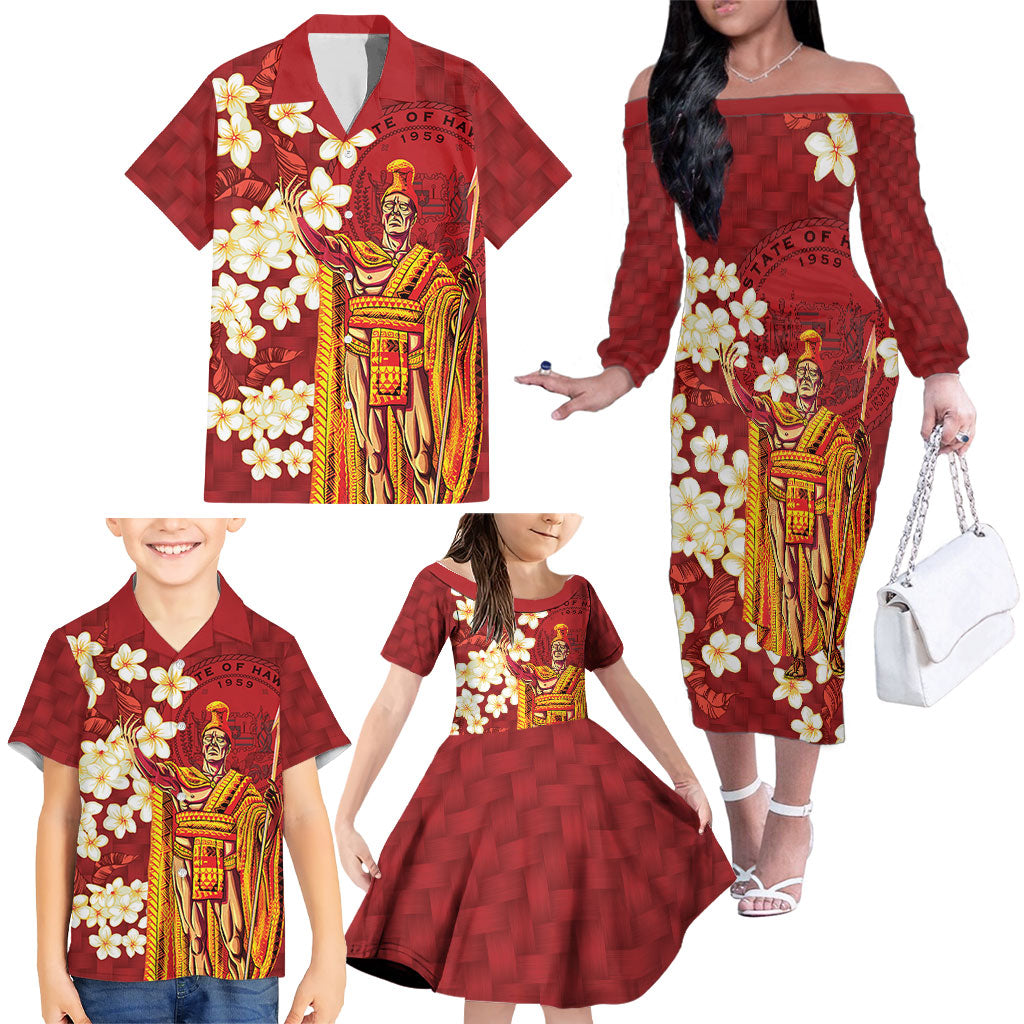 Hawaii King Kamehameha Family Matching Off The Shoulder Long Sleeve Dress and Hawaiian Shirt Plumeria Lauhala Pattern