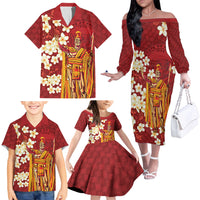 Hawaii King Kamehameha Family Matching Off The Shoulder Long Sleeve Dress and Hawaiian Shirt Plumeria Lauhala Pattern