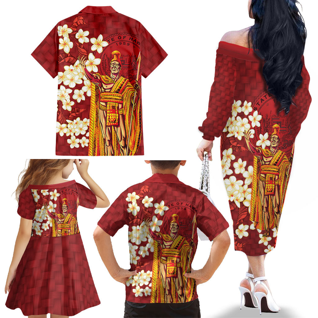 Hawaii King Kamehameha Family Matching Off The Shoulder Long Sleeve Dress and Hawaiian Shirt Plumeria Lauhala Pattern