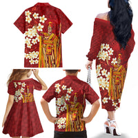Hawaii King Kamehameha Family Matching Off The Shoulder Long Sleeve Dress and Hawaiian Shirt Plumeria Lauhala Pattern