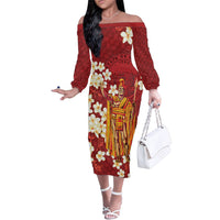 Hawaii King Kamehameha Family Matching Off The Shoulder Long Sleeve Dress and Hawaiian Shirt Plumeria Lauhala Pattern