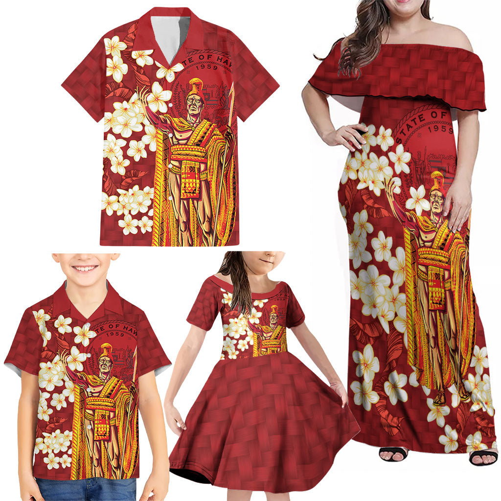 Hawaii King Kamehameha Family Matching Off Shoulder Maxi Dress and Hawaiian Shirt Plumeria Lauhala Pattern LT01 - Polynesian Pride