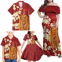 Hawaii King Kamehameha Family Matching Off Shoulder Maxi Dress and Hawaiian Shirt Plumeria Lauhala Pattern LT01 - Polynesian Pride