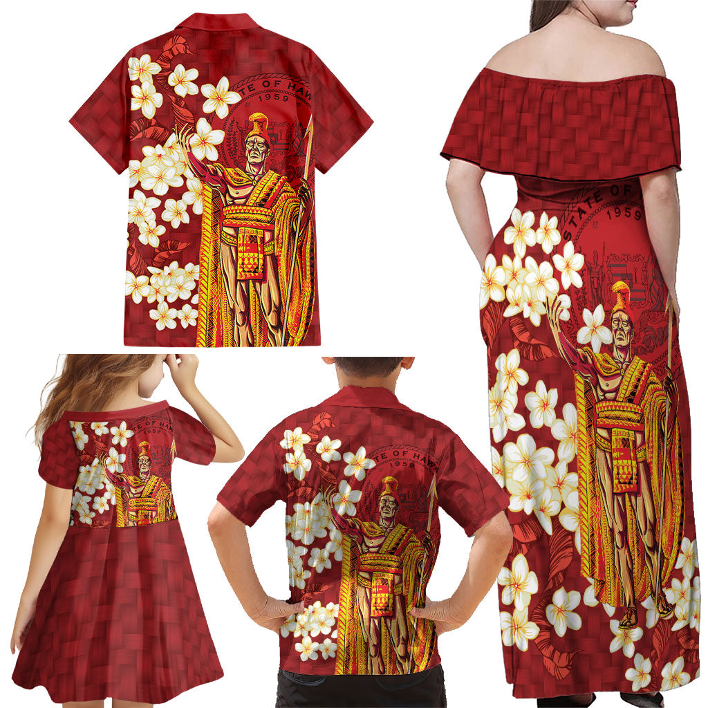 Hawaii King Kamehameha Family Matching Off Shoulder Maxi Dress and Hawaiian Shirt Plumeria Lauhala Pattern LT01 - Polynesian Pride