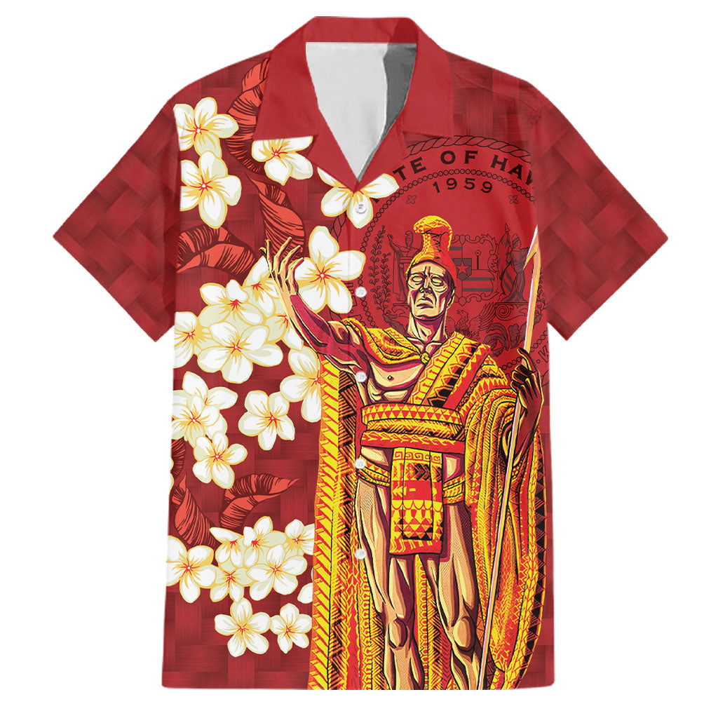 Hawaii King Kamehameha Family Matching Off Shoulder Maxi Dress and Hawaiian Shirt Plumeria Lauhala Pattern LT01 Dad's Shirt - Short Sleeve Red - Polynesian Pride
