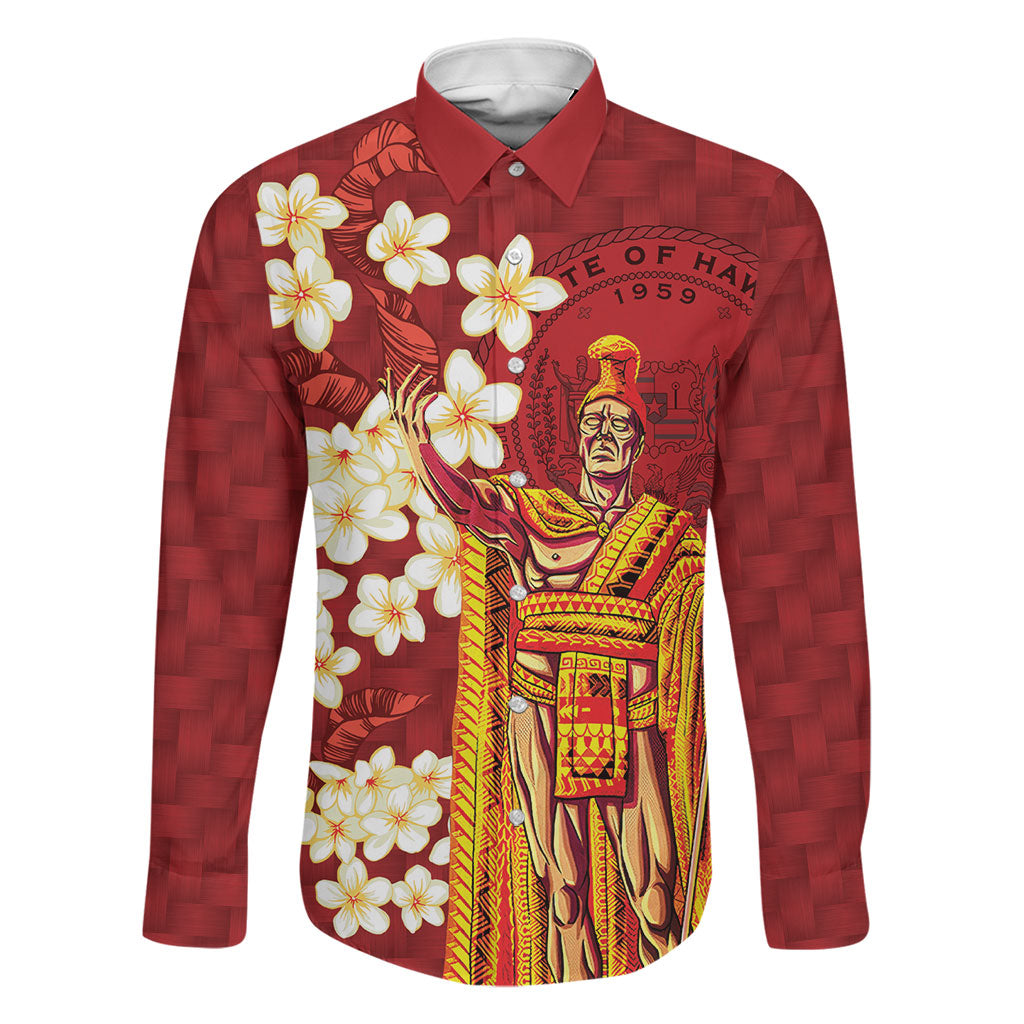 Hawaii King Kamehameha Family Matching Off Shoulder Maxi Dress and Hawaiian Shirt Plumeria Lauhala Pattern LT01 Dad's Shirt - Long Sleeve Red - Polynesian Pride