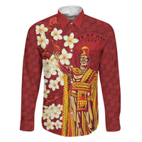 Hawaii King Kamehameha Family Matching Off Shoulder Maxi Dress and Hawaiian Shirt Plumeria Lauhala Pattern LT01 Dad's Shirt - Long Sleeve Red - Polynesian Pride