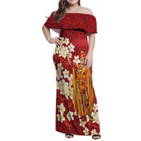 Hawaii King Kamehameha Family Matching Off Shoulder Maxi Dress and Hawaiian Shirt Plumeria Lauhala Pattern LT01 Mom's Dress Red - Polynesian Pride
