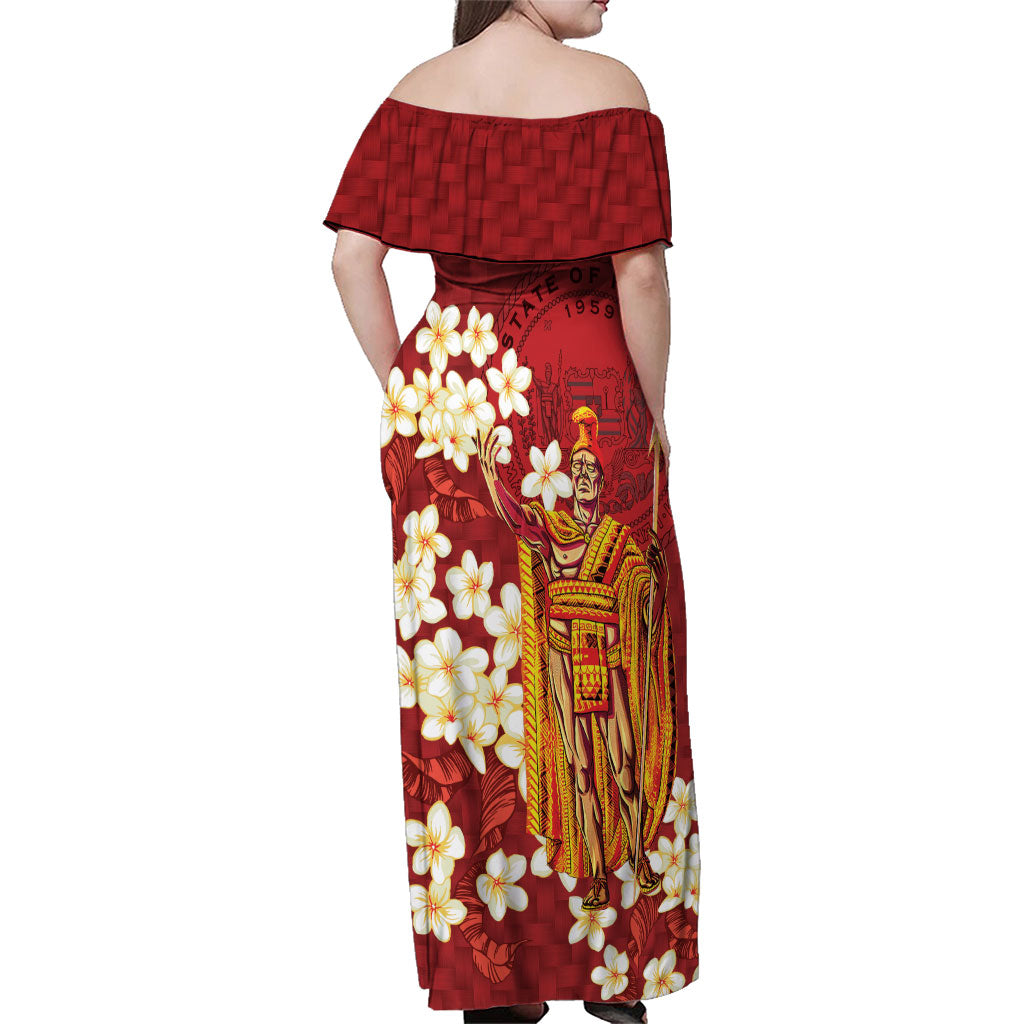 Hawaii King Kamehameha Family Matching Off Shoulder Maxi Dress and Hawaiian Shirt Plumeria Lauhala Pattern LT01 - Polynesian Pride