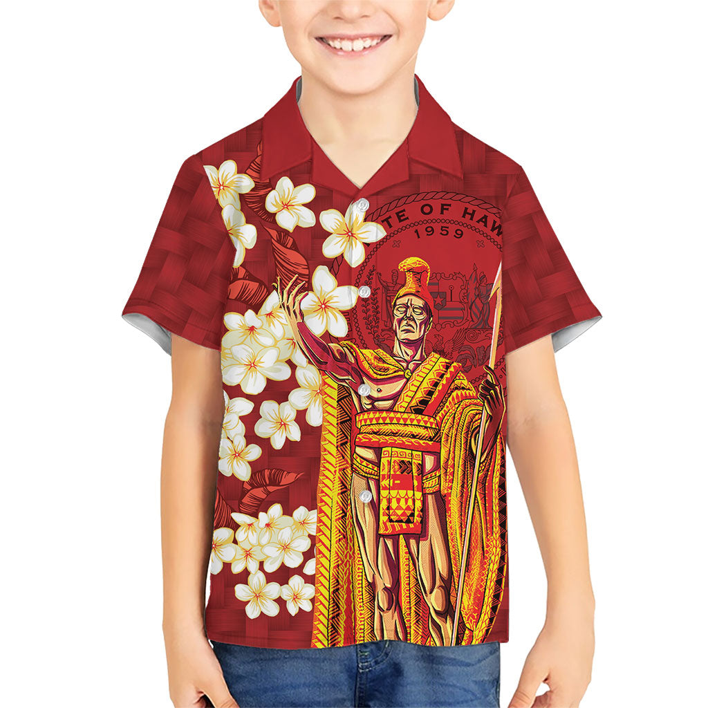 Hawaii King Kamehameha Family Matching Off Shoulder Maxi Dress and Hawaiian Shirt Plumeria Lauhala Pattern LT01 Son's Shirt Red - Polynesian Pride