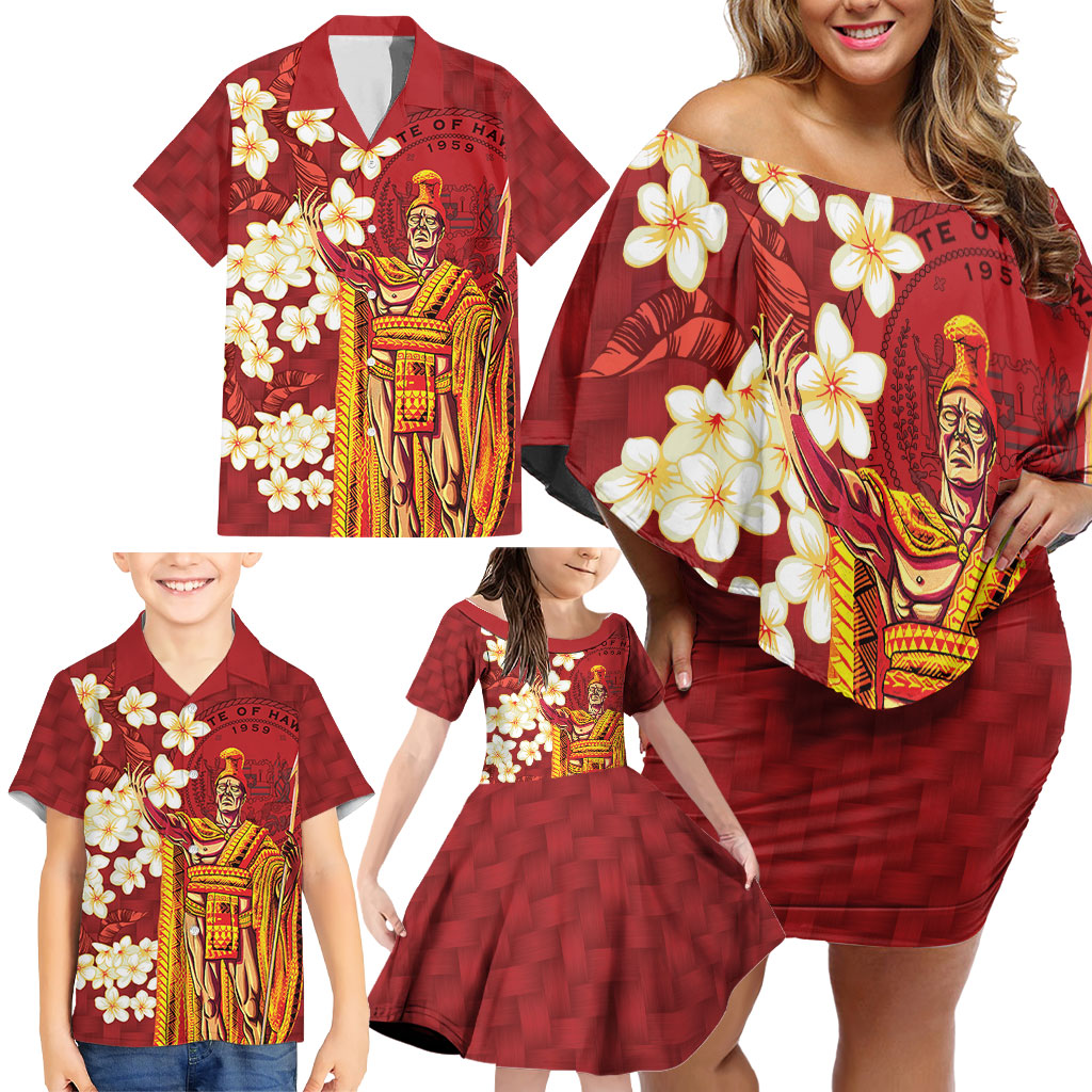 Hawaii King Kamehameha Family Matching Off Shoulder Short Dress and Hawaiian Shirt Plumeria Lauhala Pattern