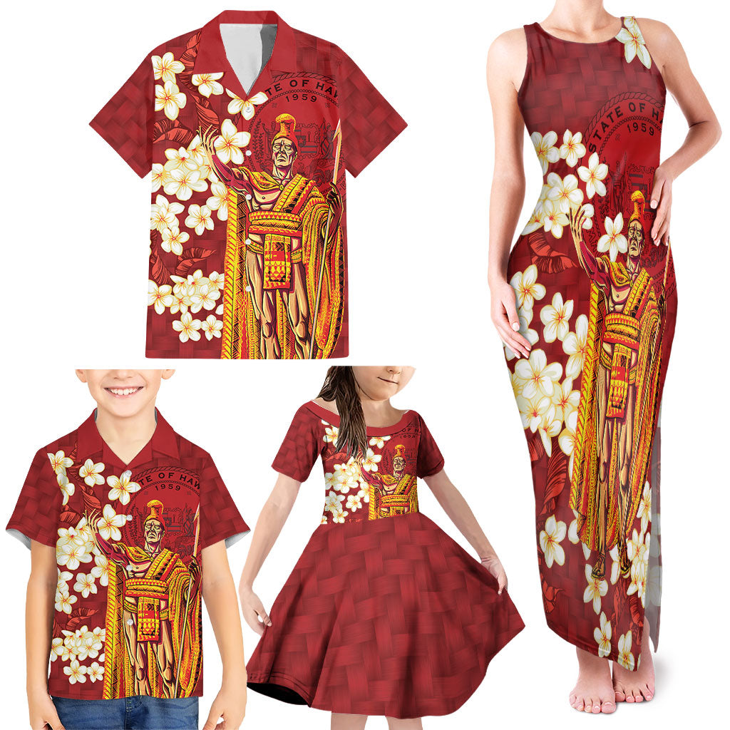 Hawaii King Kamehameha Family Matching Tank Maxi Dress and Hawaiian Shirt Plumeria Lauhala Pattern