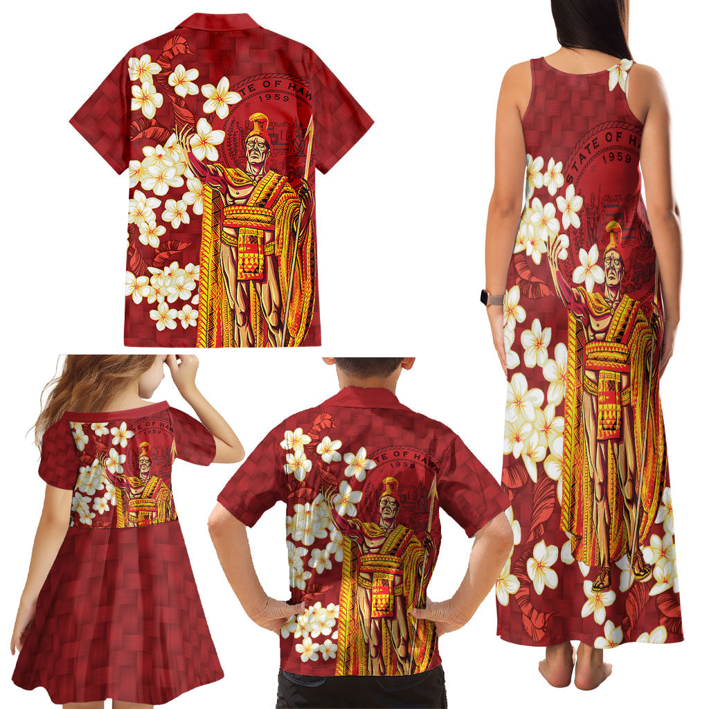 Hawaii King Kamehameha Family Matching Tank Maxi Dress and Hawaiian Shirt Plumeria Lauhala Pattern