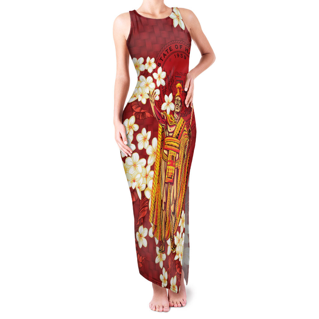 Hawaii King Kamehameha Family Matching Tank Maxi Dress and Hawaiian Shirt Plumeria Lauhala Pattern