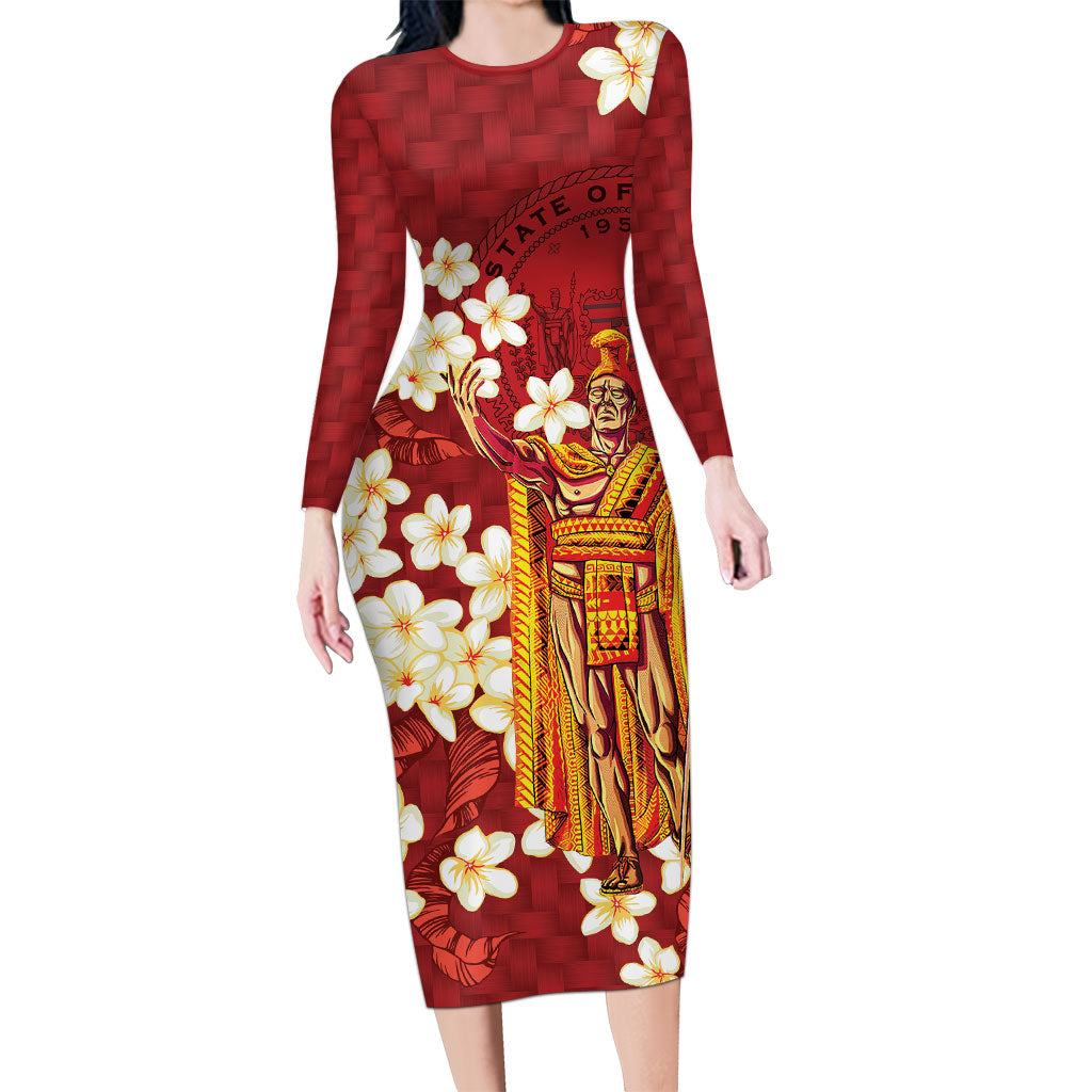 Hawaii King Kamehameha Long Sleeve Bodycon Dress Plumeria Lauhala Pattern