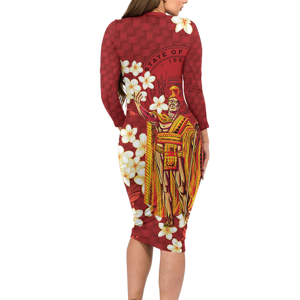 Hawaii King Kamehameha Long Sleeve Bodycon Dress Plumeria Lauhala Pattern