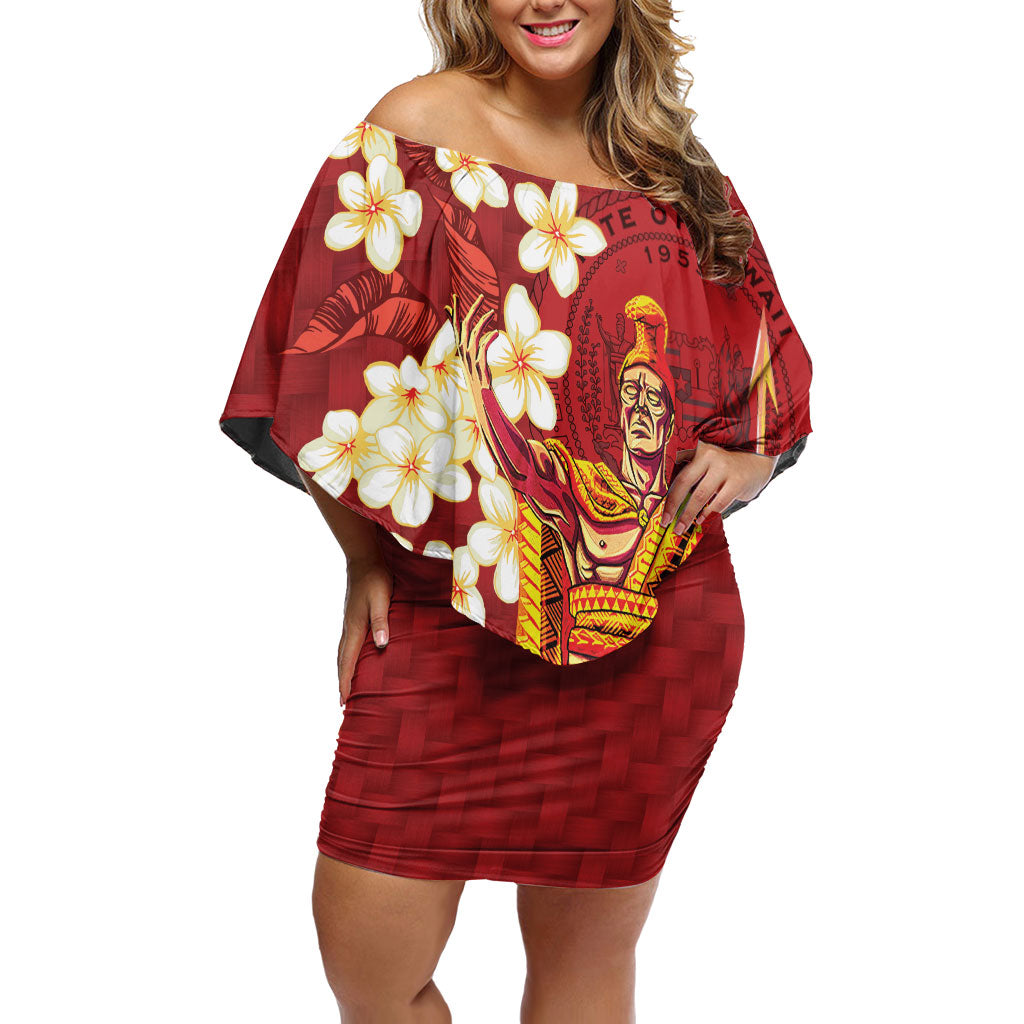 Hawaii King Kamehameha Off Shoulder Short Dress Plumeria Lauhala Pattern