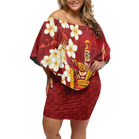 Hawaii King Kamehameha Off Shoulder Short Dress Plumeria Lauhala Pattern