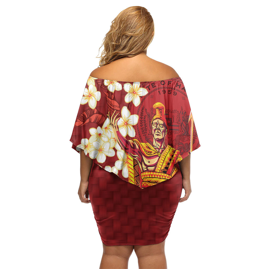 Hawaii King Kamehameha Off Shoulder Short Dress Plumeria Lauhala Pattern