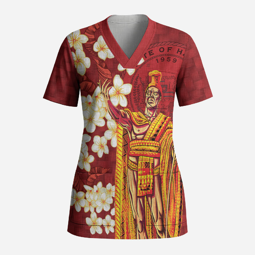 Hawaii King Kamehameha Scrub Top Plumeria Lauhala Pattern