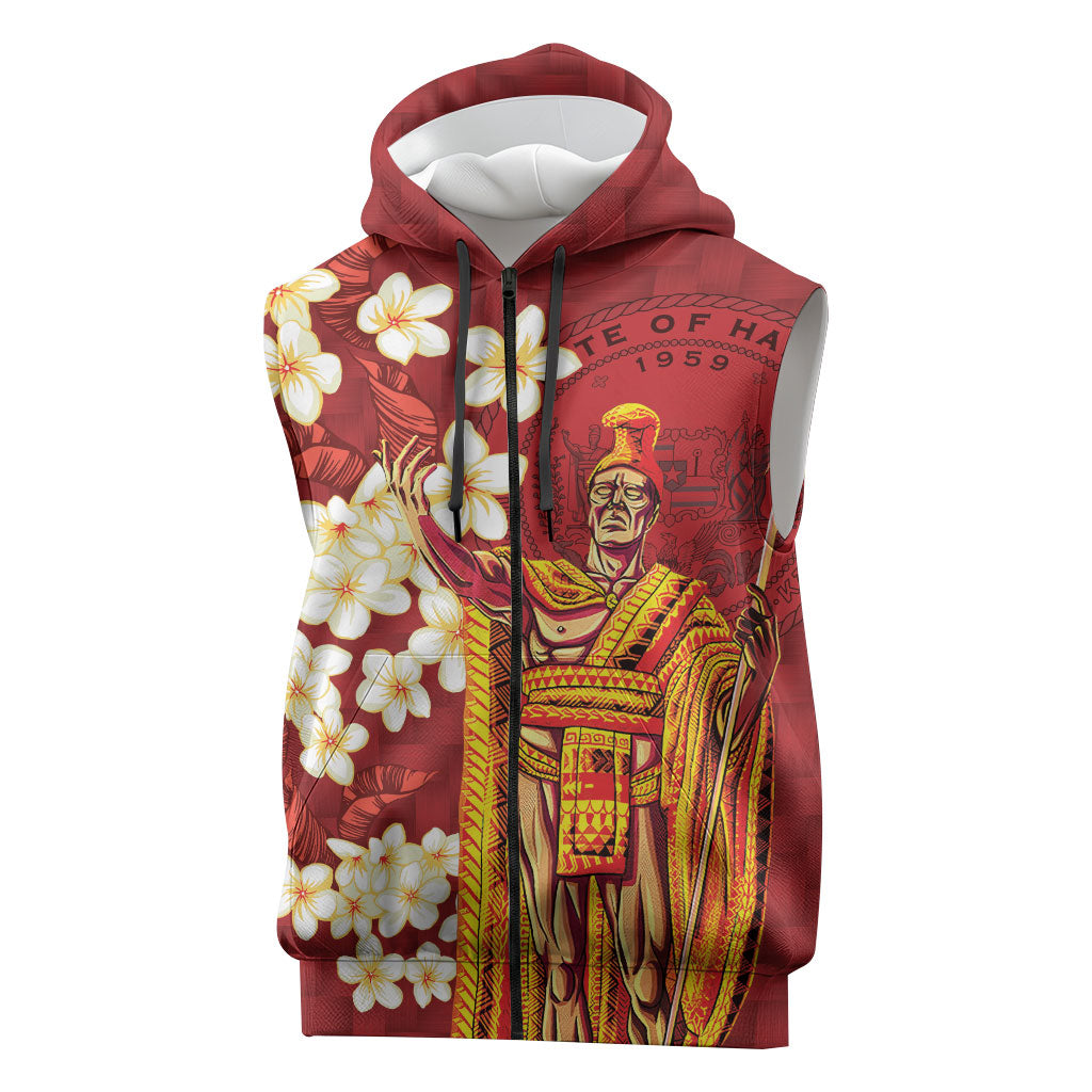 Hawaii King Kamehameha Sleeveless Zip Hoodie Plumeria Lauhala Pattern LT01 Red - Polynesian Pride