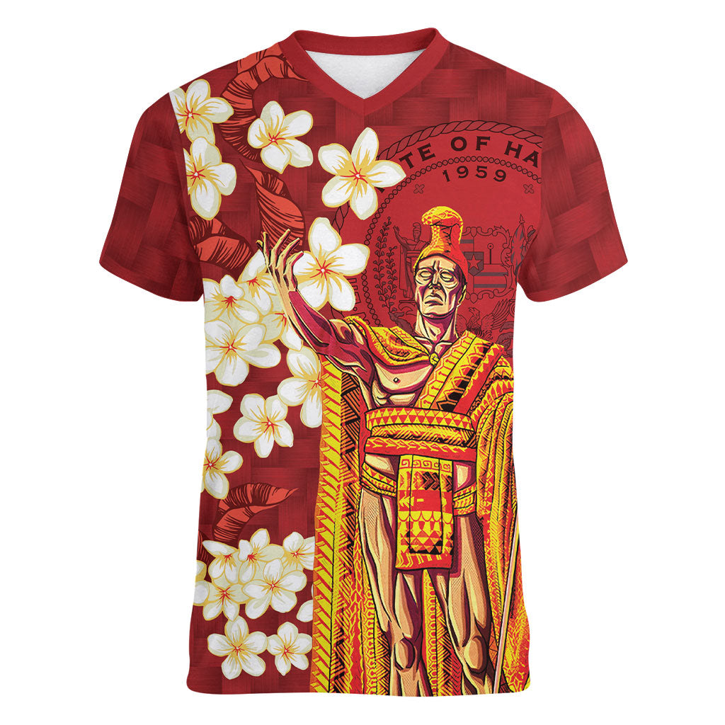Hawaii King Kamehameha Women V-Neck T-Shirt Plumeria Lauhala Pattern