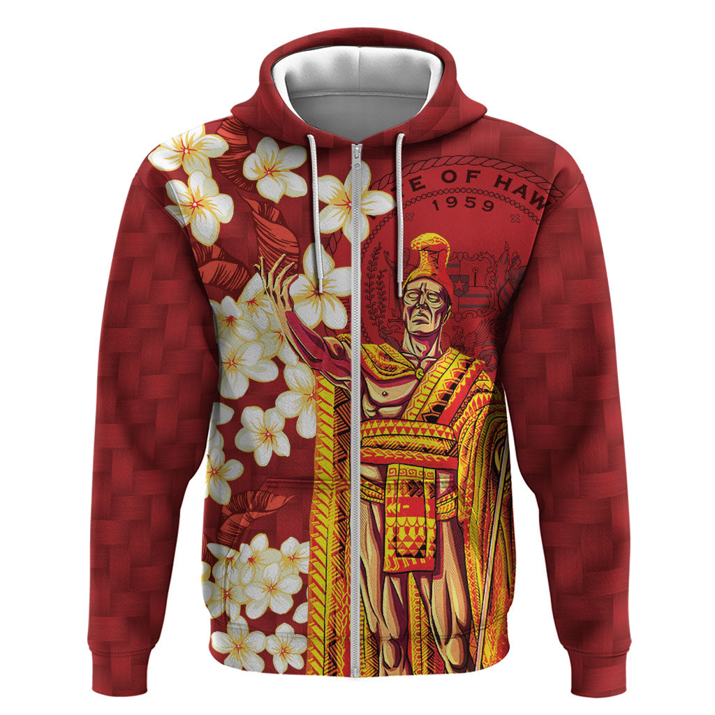 Hawaii King Kamehameha Zip Hoodie Plumeria Lauhala Pattern LT01 Zip Hoodie Red - Polynesian Pride