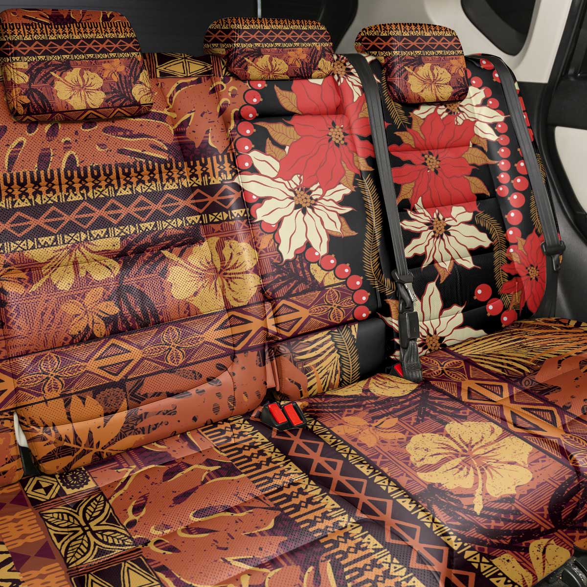 Hawaii Christmas Poinsettia Lei Back Car Seat Cover Tapa Pattern - Polynesian Pride