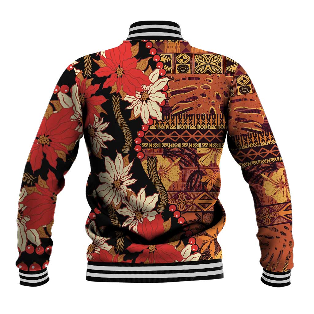 Hawaii Christmas Poinsettia Lei Baseball Jacket Tapa Pattern - Polynesian Pride