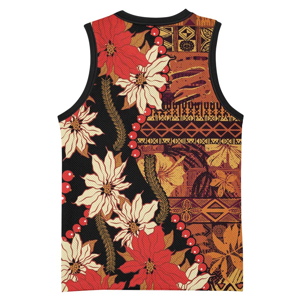 Hawaii Christmas Poinsettia Lei Basketball Jersey Tapa Pattern - Polynesian Pride