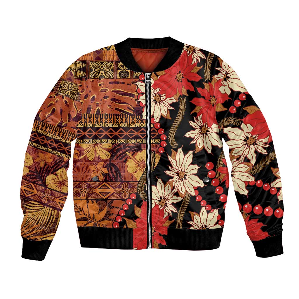 Hawaii Christmas Poinsettia Lei Bomber Jacket Tapa Pattern - Polynesian Pride