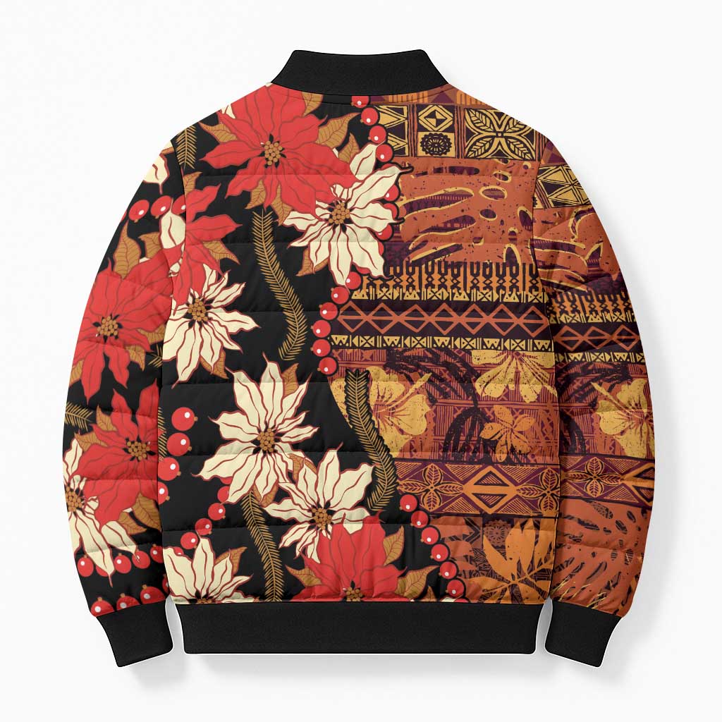 Hawaii Christmas Poinsettia Lei Bomber Puffer Jacket Tapa Pattern - Polynesian Pride