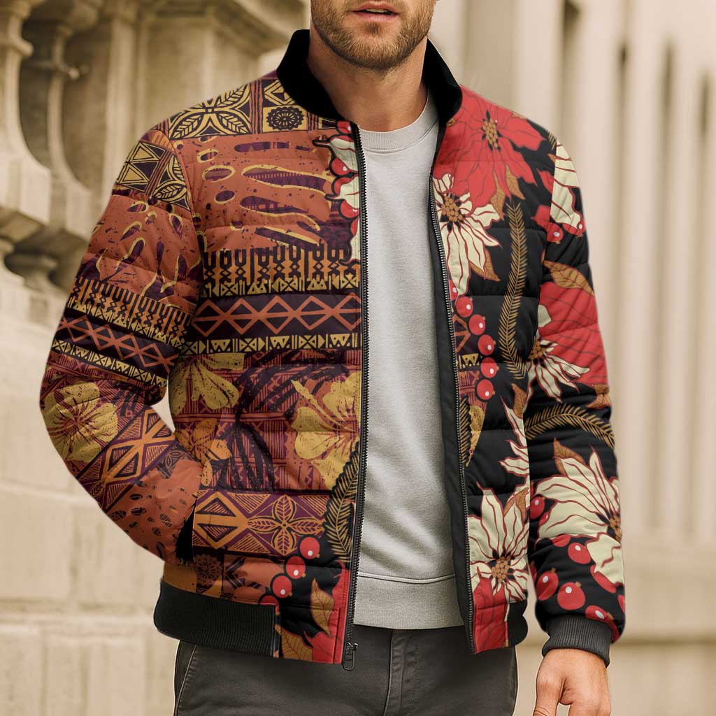Hawaii Christmas Poinsettia Lei Bomber Puffer Jacket Tapa Pattern - Polynesian Pride