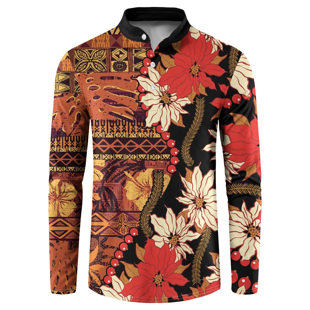 Hawaii Christmas Poinsettia Lei Button Sweatshirt Tapa Pattern - Polynesian Pride