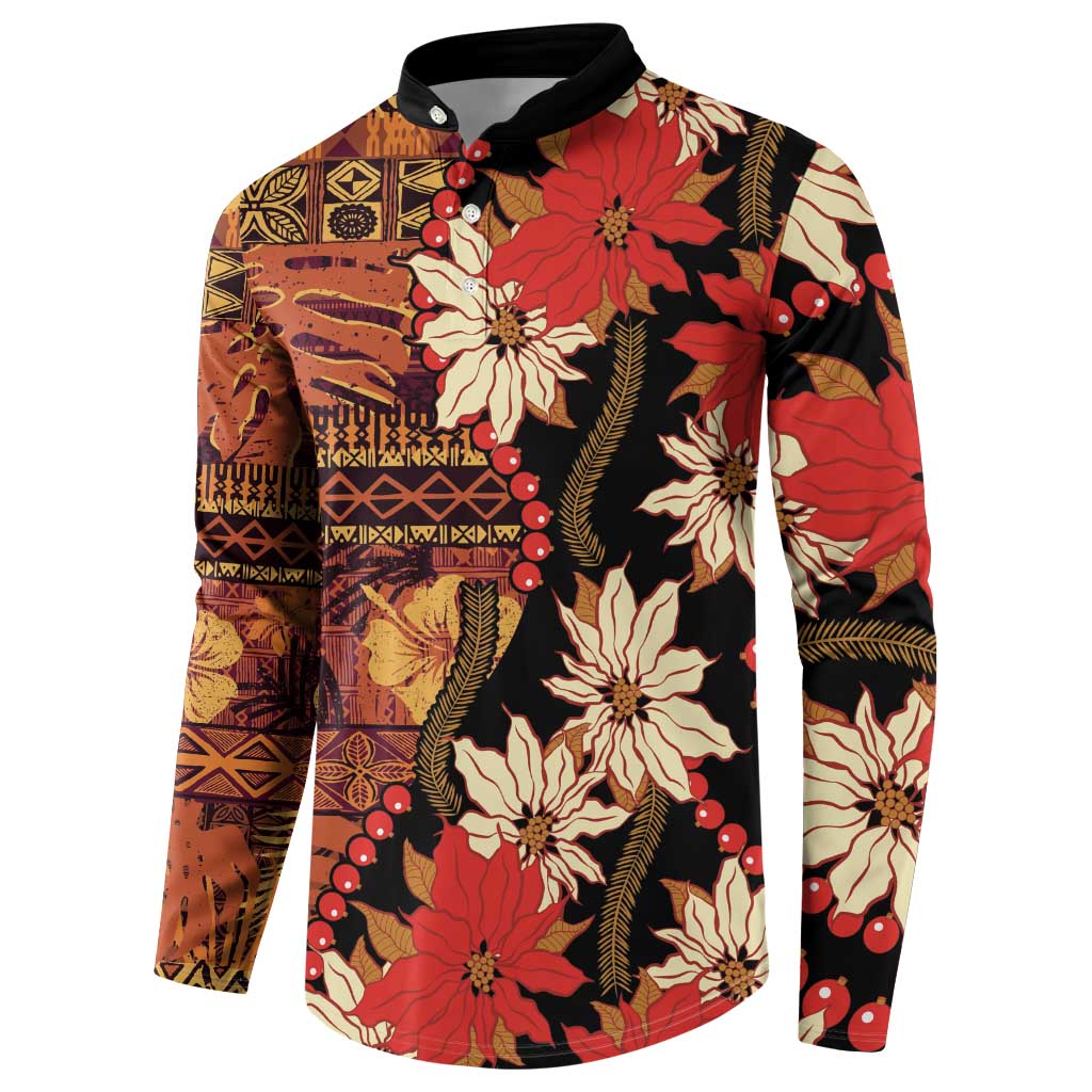 Hawaii Christmas Poinsettia Lei Button Sweatshirt Tapa Pattern - Polynesian Pride