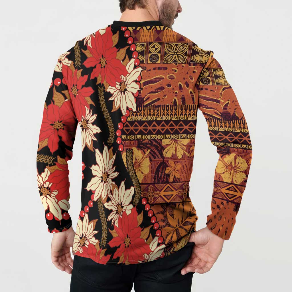 Hawaii Christmas Poinsettia Lei Button Sweatshirt Tapa Pattern - Polynesian Pride